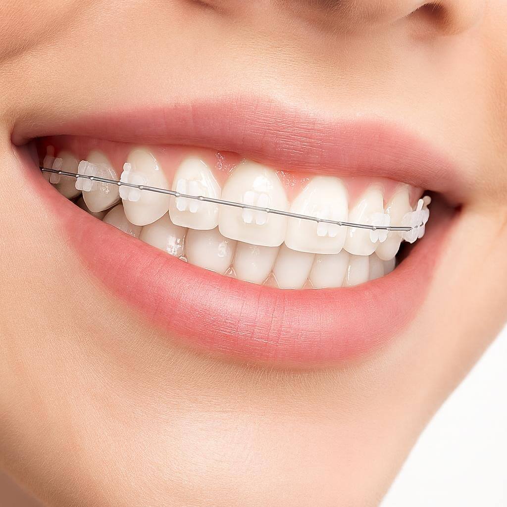 Keramikbrackets auf lächelnden Zähnen